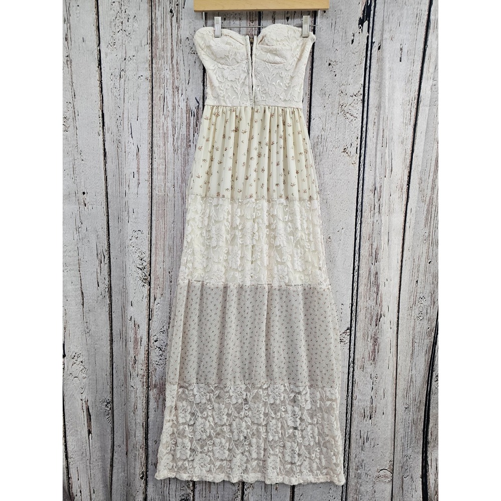 Lovely day Lace Floral Maxi Dress Womens Cream Strapless Sweetheart Tiered Boho